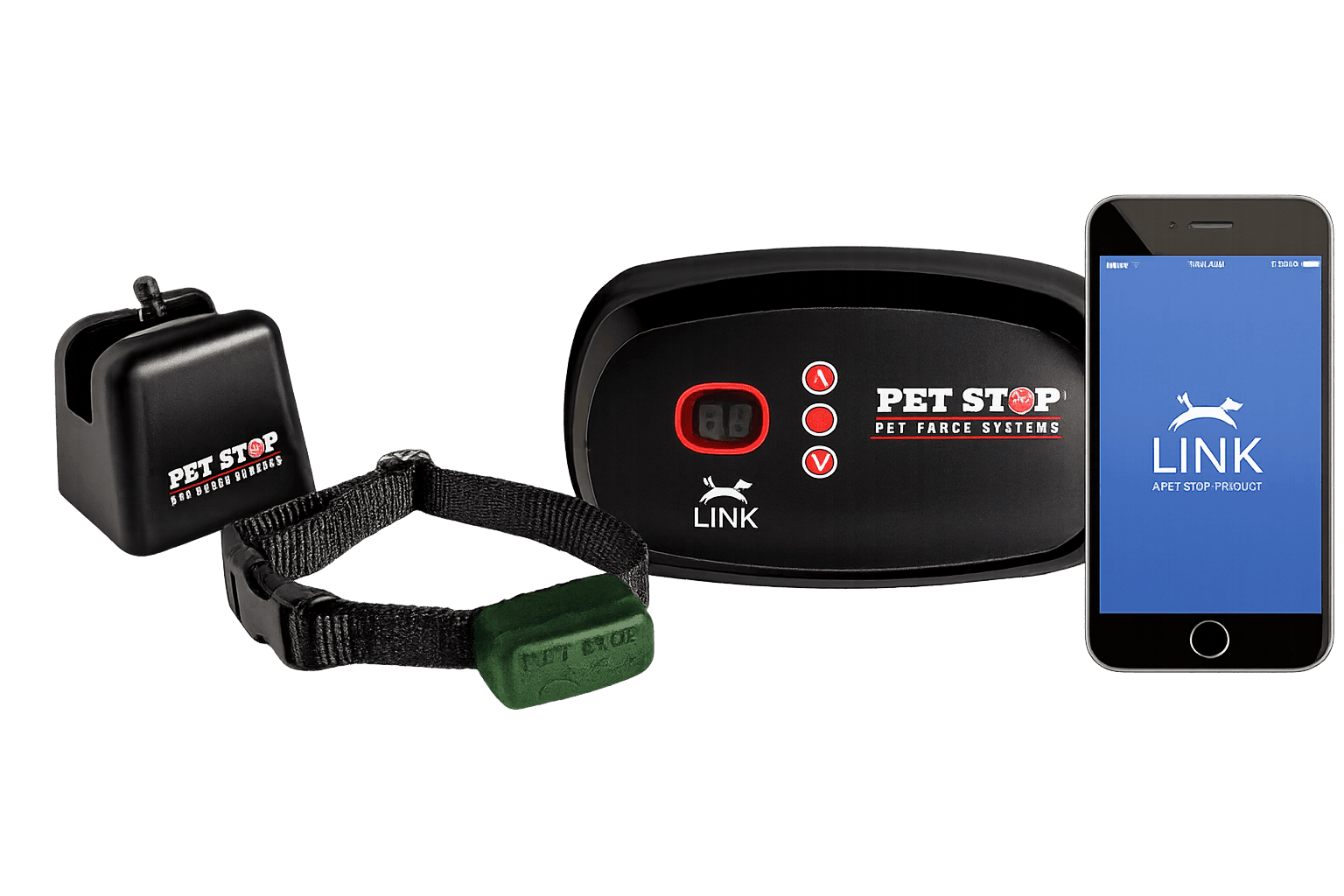 Pet Stop Wi-Fi transmitter, EcoLite® with Link® collar, and Link app — underground dog fence.