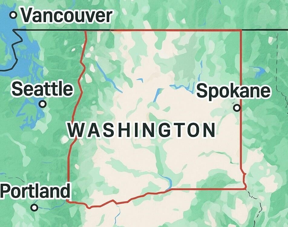 Map showing the Eastern Washington service area for Pet Stop of Eastern Washington, including Spokane, Chelan, and surrounding counties.
