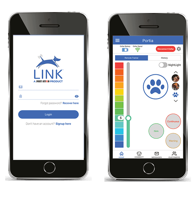 Smartphone screens showing the Link™ app interface for monitoring and managing pet fence settings